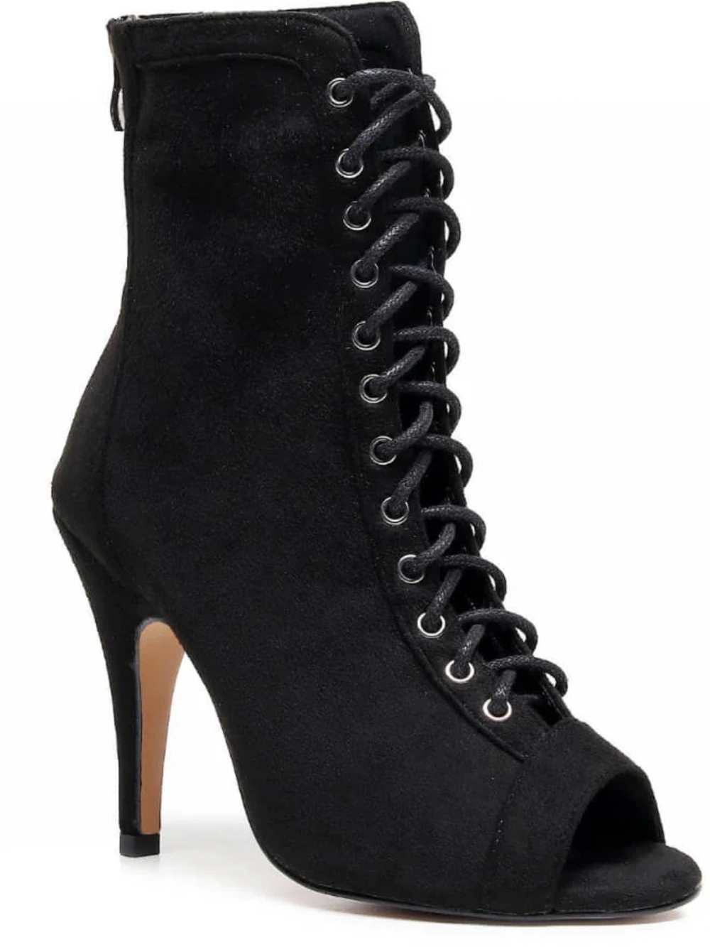 Burju Women's Black Suede Lace-Up Peep-Toe Dance Heels